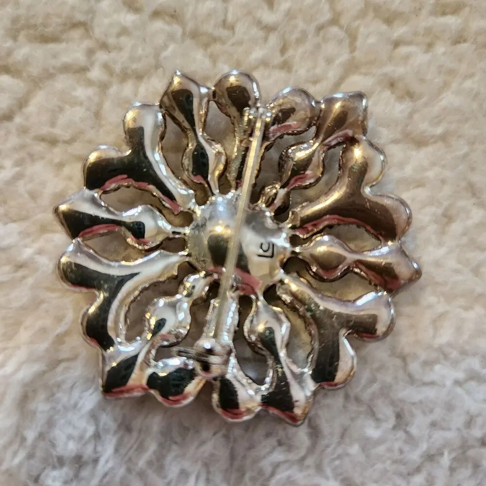 Vintage Liz Claiborne Clear Rhinestone Silver Tone Flower Brooch Estate